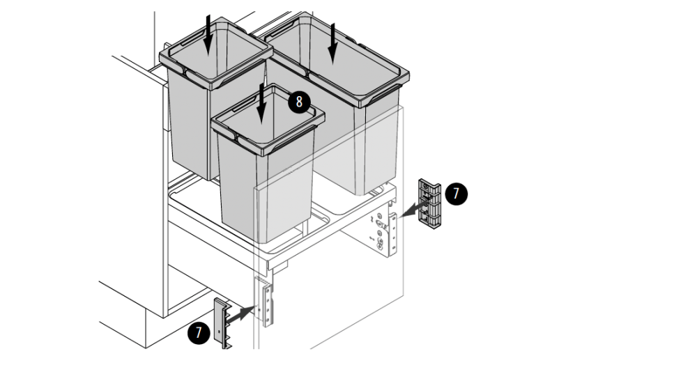 Nästan klart. Placera bara hinkarna i ramen och fäst locken på fästena.